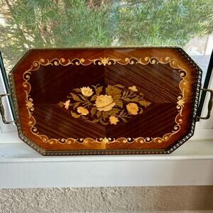 Vintage Inlaid Wood Serving Tray with Brass Gallery Handles Floral Design